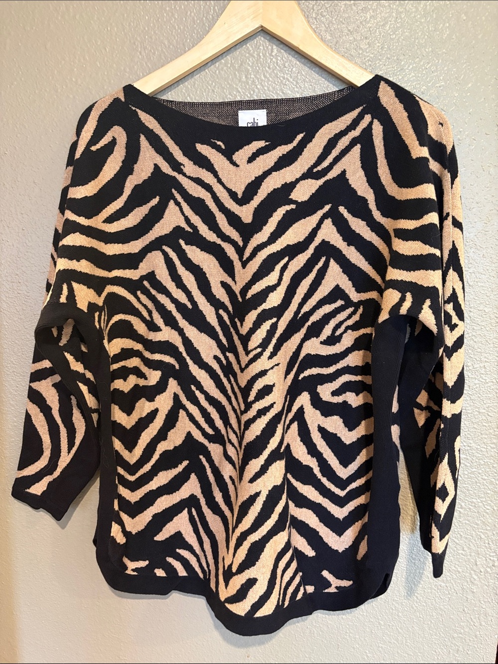 CAbi Dani Black and Tan Zebra Dazzle Stripe Sweater Size Large